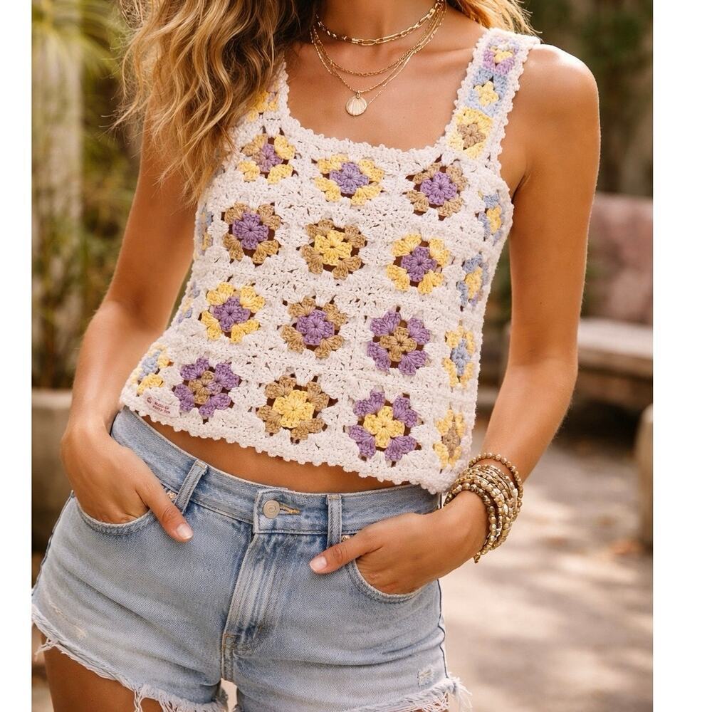 Bohemian Crotchet Grandma-core Floral Knit Tank Top Handmade Vintage | Sz Large